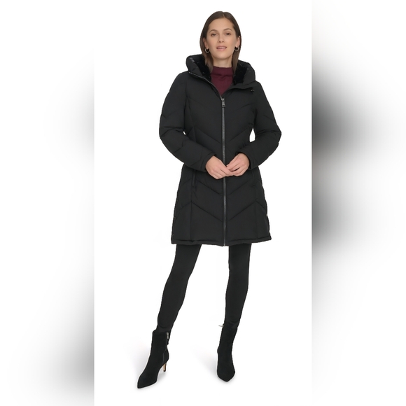 Women's Calvin Klein Hooded Puffer Coat Mid Length Black Size XLarge MSRP $285